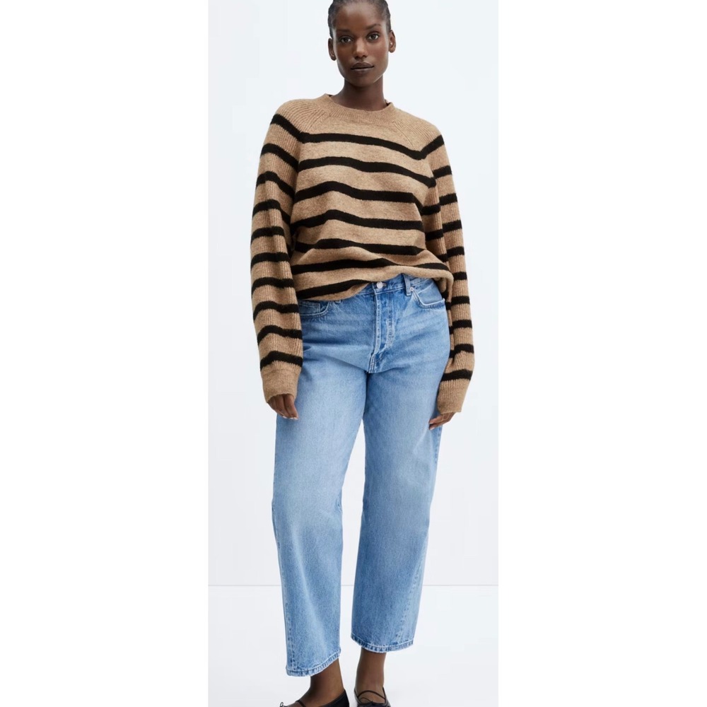 Mango MNG Striped Raglan Knit Sweater Camel Black Crew Neck Relaxed Fit XS